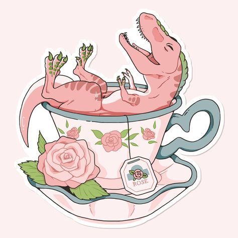 First in my series of teacup dinosaur stickers, the rose tea t-rex! I wish we could have small and cute mini dinos in real life... | dino stickers | cute dinosaur art Tea Rex, Dinosaur Tattoos, Turmeric Tea, Dinosaur Art, Rose Tea, Cute Dinosaur, Cute Tattoos, Drawing Inspiration, Dinosaurs