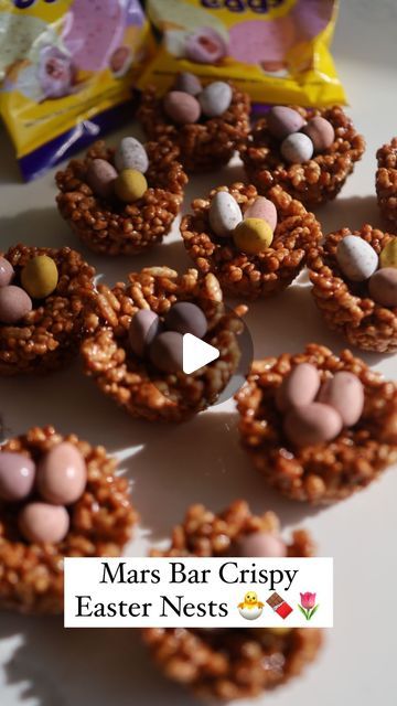 Simone Anderson (Forsyth) on Instagram: "Mars Bar Crispy Easter Nests 🐣🍫🌷

🐣🍫🌷 Get ready to elevate your Easter treat game with these indulgent Mars Bar Crispy Easter Nests! 🌷🍫🐣

Ingredients:
* 450g Mars Bars
* 130g Butter
* 170g Rice Krispies
* Packet of Cadbury Mini Eggs (or any Easter eggs of your choice)
Instructions:
* 	In a large pot, combine the Mars Bars and butter. Stir over low heat until melted and well combined.
* 	Add the rice krispies to the melted mixture. Stir until all the cereal is evenly coated.
* 	Spoon the mixture into 12 cupcake cases, shaping them into nests and creating a well in the middle of each nest.
* 	Place three mini eggs in the center of each nest, pressing them gently into the mixture.
* 	Refrigerate the nests for 1-2 hours, or until set.
* 	Serve Easter Egg Nests Rice Krispies, Peanut Butter Eggs With Rice Krispies, Easter Nest Treats, Cornflake Easter Nests, Butterscotch Easter Nests, Rice Krispie Nests, Simone Anderson, Cadbury Mini Egg Cookie Bars, Easter Dessert Mini Eggs Bird Nests