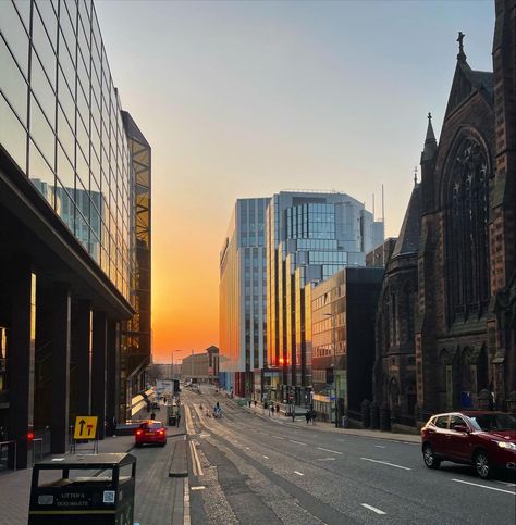 A red sun is reflected in a city centre building in Glasgow Scotland Scotland Glasgow Aesthetic, Glasgow Aesthetic, Future Manifestation, Scotland Street, Scotland Aesthetic, Europe 2023, Travel 2024, Glasgow City, Hot Toddy