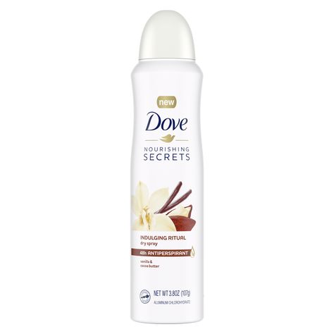 Dove Nourishing Secrets Dry Spray Antiperspirant Indulging Ritual Vanilla and Cocoa Butter Dove Spray, Dove Nourishing Secrets, Dove Antiperspirant, Underarm Care, Female Products, Bath Scrub, Dove Deodorant, Warm Bathroom, Deodorant For Women