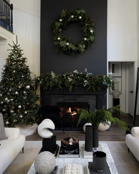 Wreath Over Fireplace, Fireplace Without Mantle, Traditional Christmas Aesthetic, 2023 Decorations, House Of Valentina, Mantel Ideas, Dark Christmas, Christmas Mantel, Large Wreath