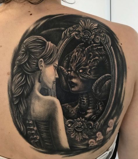 Women Looking In Mirror Tattoo, Mirror Skull Tattoo, Mirror Mirror On The Wall Tattoo, Woman In Mirror Tattoo, Skull Mirror Tattoo, Looking In Mirror Tattoo, Cracked Mirror Tattoo, Ornate Mirror Tattoo, Macabre Tattoos