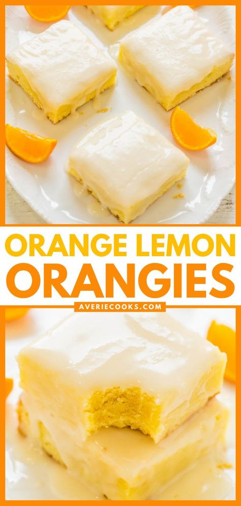 Orange Lemon Orangies, spring recipes, dessert ideas, sweet treats Lemon And White Chocolate, Orange Bars, Fruit Kabob, Pizza Fruit, Orange Dessert, Orange Extract, Averie Cooks, Dessert Bar Recipe, Oreo Dessert