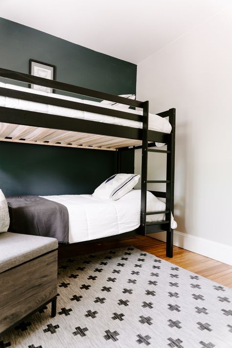 kids room with black bunk beds Bunk Bedroom Layout, Airbnb Bunk Bed, Black Bunk Bed Decor, Modern Twin Bunk Beds, Bunk Bed Accent Wall, Styling Bunk Beds, Kids Room Black Bed, Black Bunk Room, Bunk Beds Airbnb