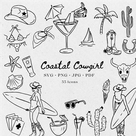 Minimal Digital Hand-Drawn Coastal Cowgirl Bachelorette Hen Do illustrations. Hand drawn clipart icons. Beach party icons, Beach bachelorette. Cowgirl bachelorette. Perfect for Bachelorette, Hen do, Wedding invitations, Parties invitations, Birthday, Galentines, Bridal Shower, Baby Shower and more.  Hand drawn style with scribble drawings. Italian Style and French Style clipart icons. Please note that this is a DIGITAL PRODUCT, no physical product will be shipped.  Go to https://www.etsy.com/uk/ Beach Cowgirl Tattoo, Coastal Drawings, Coastal Cowgirl Bachelorette Cookies, Cowgirl Illustration, Coastal Cowgirl Design, Coastal Cowgirl Bachelorette, Vintage Cowgirl Tattoo Flash, Coastal Cowgirl Illustration, Scribble Drawings