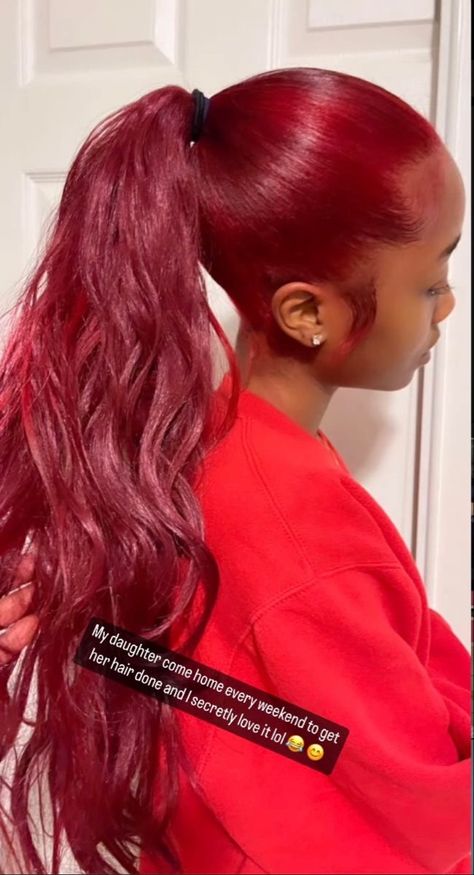 Black Woman Red Hair, Low Bun Hair, Red Ponytail, Sleek Braided Ponytail, December Hair, Hair Magic, Sleek Ponytail Hairstyles, Lazy Hairstyles, Dyed Hair Inspiration