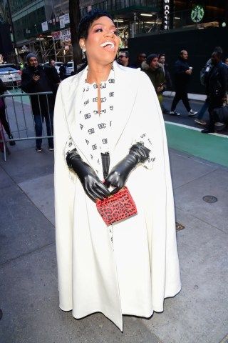 Fantasia Barrino tops off her look to the “Today” show with a Brandon Blackwood mini trunk. The red and black leopard print compliments her white and black ensemble. Fantasia Barrino, Today Show, Leopard Print, White And Black, Lookbook, Celebrities, Red, Black