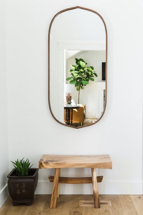 Wall Mirror With Plants Around It, Mirror Entry Way Ideas, Tall Mirror Entryway, Long Mirror Entryway Ideas, Mirror Mudroom, Oval Mirror Entryway, Bench With Mirror, Entryway Wall Mirror, Entry Way Mirror