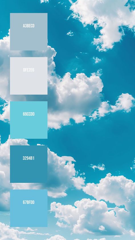 Colors: A3BECD ° DFE2E6 ° 69CCDD ° 3294B1 ° 67BFDD Blue Color Pallet, Blue Pallets, Ethereal Essence, Cloud Formations, Bright Blue Sky, Cumulus Clouds, Web Colors, Hex Color Palette, Color Palette Bright