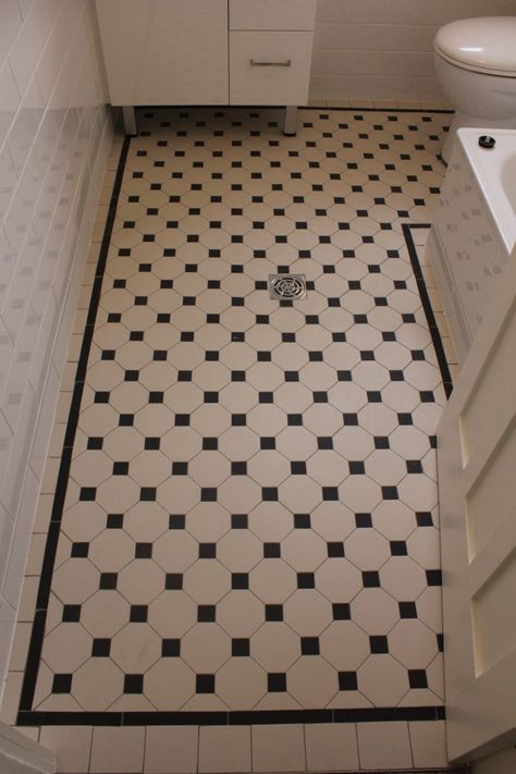 Black And White Octagon Tile Bathroom, Octagon Tile Bathroom, Floor Pattern Design, Country Style Bathrooms, Octagon Tile, House Renos, Checkerboard Floor, Bathroom Gallery, White Tile Floor