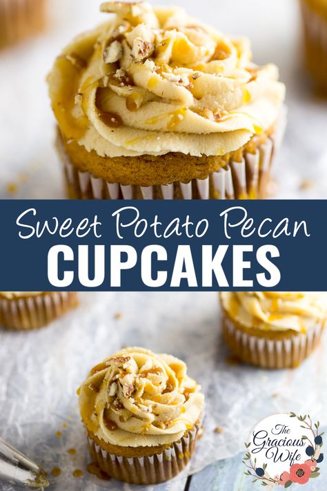 Rich and moist Sweet Potato Pecan Cupcakes are topped with a sweet caramel frosting. These festive cupcakes have all your favorite Fall flavors and would be a delicious non-pie addition to your Thanksgiving dessert table. Pecan Cupcakes Recipe, Fall Cupcakes Recipes, Pecan Cupcakes, Thanksgiving Dessert Table, Sweet Potato Cupcakes, Sweet Potato Pecan, Thanksgiving Desserts Table, Caramel Frosting, Almond Flour Recipes