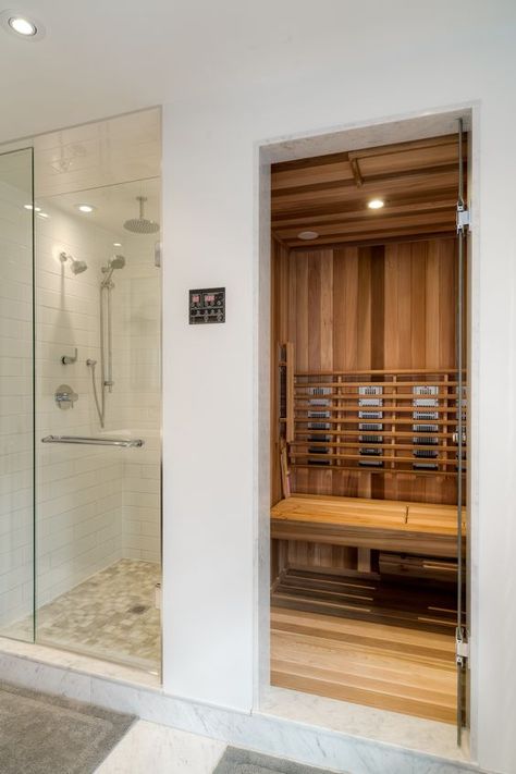 a small home steam room done with wood, with built in lights is cool and cozy Freestanding Jetted Tub, Sauna Bathroom Ideas, Sauna Bathroom Design, Modern Cape, Sauna Shower, Green Bedrooms, Home Spa Room, Sauna Steam Room, Indoor Sauna