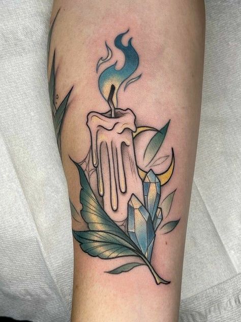 Neo Traditional Candle Tattoo, Witch Candle Tattoo, Candle Flash Tattoo, Neo Traditional Candle, Simple Candle Tattoo, Double Sided Candle Tattoo, Double Ended Candle Tattoo, Black Flame Candle Tattoo, Candle Tattoo Ideas