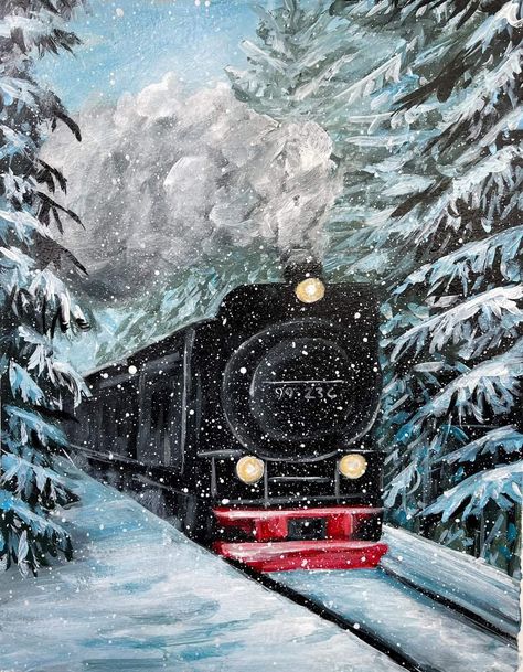 Polar Express Painting, Window Snow, Beautiful Paintings Of Nature, Learn Acrylic Painting, Christmas Window Painting, Christmas Canvas Art, Christmas Rock, Easy Canvas Art, Polar Express