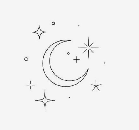 Small Moon With Stars Tattoo, Moon With Sparkles Tattoo, Start And Moon Tattoo, Crescent Moon Tattoo Stencil, Minimal Moon Tattoo Design, Half Moon And Star Tattoo, Moon With Hanging Stars Tattoo, Hip Tattoos Women Moon, Moon Mini Tattoo