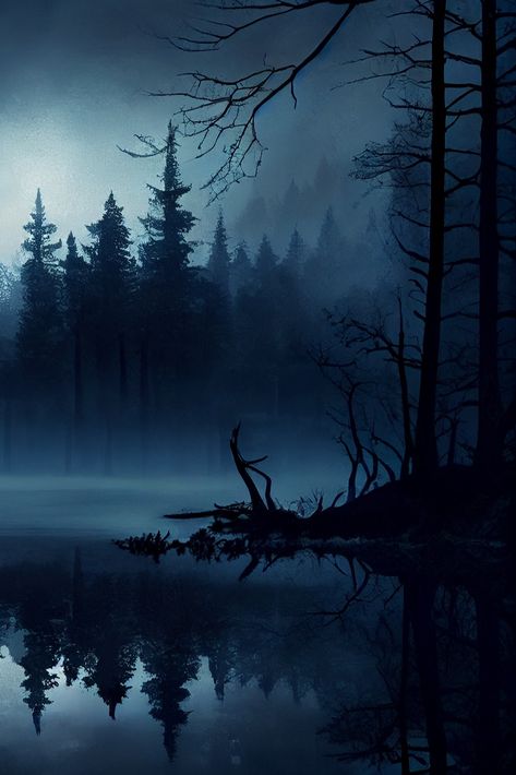 foggy forest landscape Mist Forest Aesthetic, Spooky Landscape Photography, Forest Lake Aesthetic Dark, Fantasy Dark Landscape, Scary Forest Art, Eerie Lake Aesthetic, Forest Night Painting, Spooky Forest Painting, Spooky Forest Wallpaper