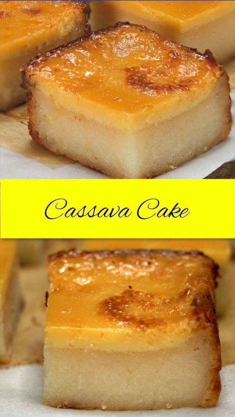 Cassava Cake, or Cassava Bibingka, is a traditional Filipino dessert or snack crafted from cassava and finished with a smooth custard topping. This simple dessert can be made using just five basic ingredients: cassava, coconut milk, and sugar, among a few others. It's baked until it sets, maintaining a delightfully chewy texture. The creamy custard layer nestled on top of this vintage Filipino treat is sure to win your heart. Philippines Dessert, Philippine Desserts, Cassava Cake Recipe Filipino, Casava Cake Recipe, Cassava Cake Recipe, Vintage Filipino, Filipino Kakanin, Cassava Recipe, Bibingka Recipe