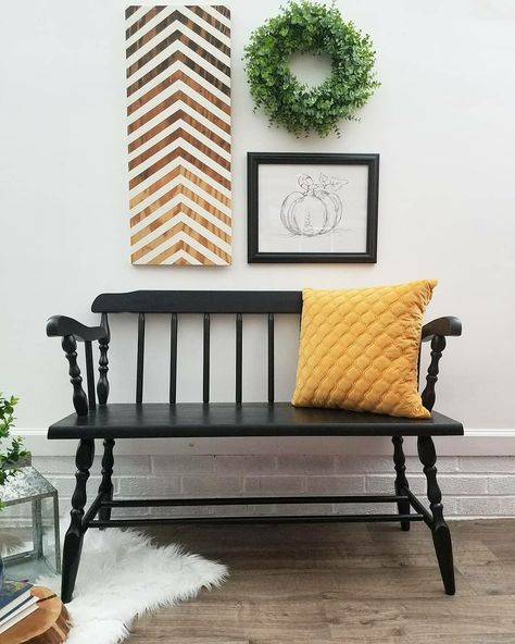 Black deacons bench. Black Bench Entryway Throw Pillow, Black Farmhouse Bench Entryway, Black Porch Bench, Simple Black Bench, Hall Bench With Storage, Windsor Bench, Deacons Bench, King Chair, Hallway Walls