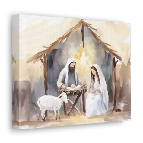 Watercolour Nativity Scene, Rustic Christmas Painting, Nativity Canvas Painting, Nativity Painting On Canvas, Simple Nativity Painting, Christmas Nativity Painting, Nativity Scene Painting, Nativity Paintings, Nativity Watercolor