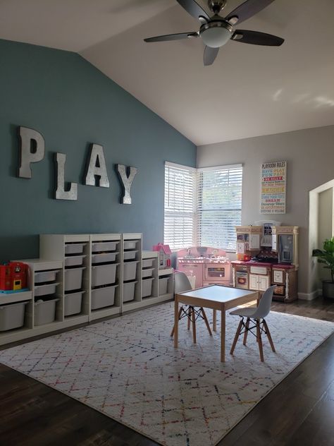 Ikea Playroom Trofast Storage Ideas, Trofast Bedroom Ideas, Rugs In Playroom, Ikea Toy Storage Trofast, Playroom Ideas Paint Colors, Playroom Design Ikea, Toy Room Paint Ideas, Trofast Playroom Ideas, Behr Agave