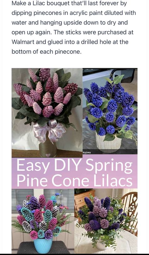 Lilac Pine Cone Flowers, Pine Cone Lilacs Diy, Pine Cone Bouquet Diy, Pinecone Lilacs Diy, Pinecone Flowers Diy How To Make, Pinecone Flowers Diy, Pine Cone Bouquet, Advanced Crafts, Pinecones Crafts