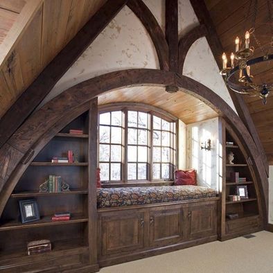 Casa Hobbit, Cozy Loft, Witch Cottage, Attic Renovation, Reading Nooks, Hobbit House, Tudor House, Attic Rooms, Home Library