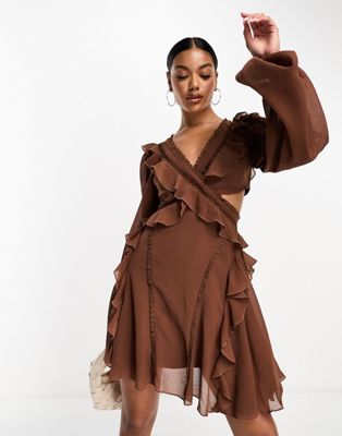 ASOS DESIGN long sleeve lace insert ruffle skater mini dress with cut out in chocolate | ASOS Brown Dresses Outfit, Chocolate Brown Dress, Buy My Clothes, Skater Mini Dress, Brown Mini Dress, Mini Skater Dress, Lace Insert, Dresses To Wear To A Wedding, Brown Dress