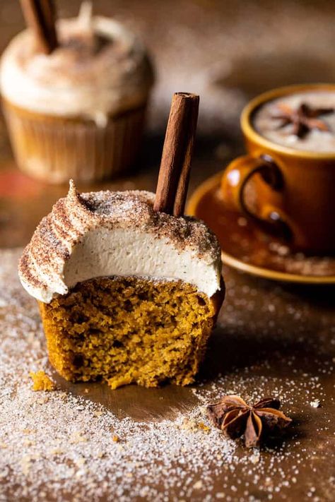 Pumpkin Latte Cupcakes, Brown Sugar Frosting, Half Baked Harvest Recipes, Sugar Frosting, Vanilla Chai, Harvest Recipes, Cinnamon Brown, Slices Recipes, Half Baked