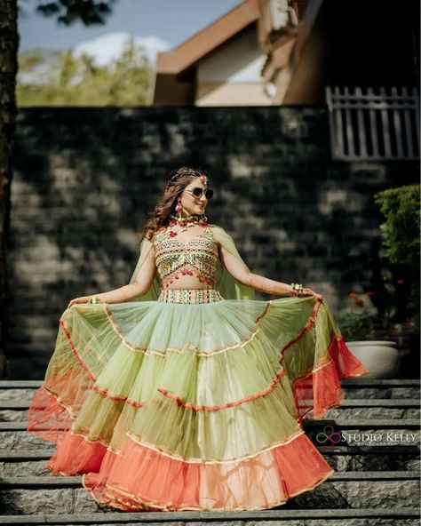 35+ Modern Brides Rocking The No-Dupatta Lehenga Look In Chic Ways! - ShaadiWish Mehndi Outfit Ideas For Bride, Haldi Dress Ideas For Bride, Haldi Dress For Bride Indian, Haldi Bridal Outfit, Unique Haldi Outfits For Bride, Multicolour Blouse, Mehendi Ceremony Outfits, Unique Lehenga Designs, Haldi Outfits For Bride