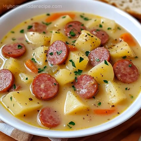 Cozy Potato Kielbasa Soup Recipe | Hearty and Comforting - My Home Made Recipe Keilbasa Recipes Crockpot Soup, Sweet Potato Kielbasa Recipes, Polska Kielbasa Soup Recipes, Cozy Kielbasa Potato Soup, Cheesy Kielbasa Potato Soup, Polish Kielbasa Soup, Kabasa Potatoe Soup, Keilbasa Recipes Soup, Potato Kelbeisa Soup