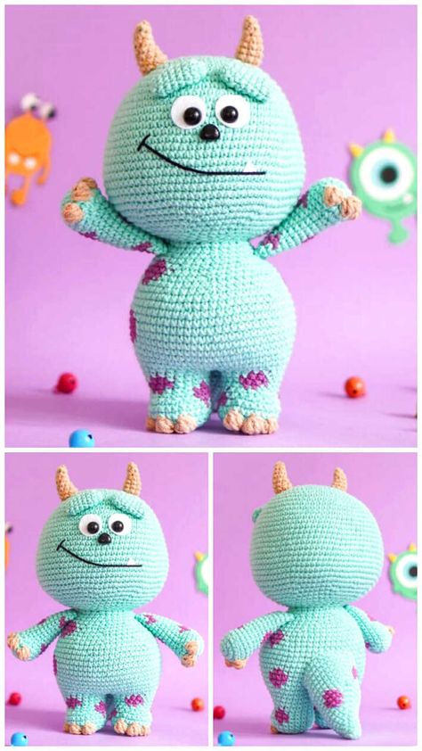 Amigurumi Monster Crochet Free Pattern Monsters Inc Crochet, Amigurumi Characters, Free Crochet Amigurumi Patterns, Monster Crochet, Crochet Amigurumi Patterns, Free Crochet Amigurumi, Amigurumi Cow, Crochet Monsters, Crochet Disney