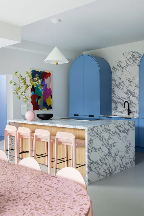 The kitchen is defined by sky-blue cabinetry and marble countertops. Hand Printed Wallpaper, London Family, Edwardian House, Interior Renovation, Kitchen Trends, Painted Ceiling, Commercial Interior Design, Love Your Home, Interior Design Studio