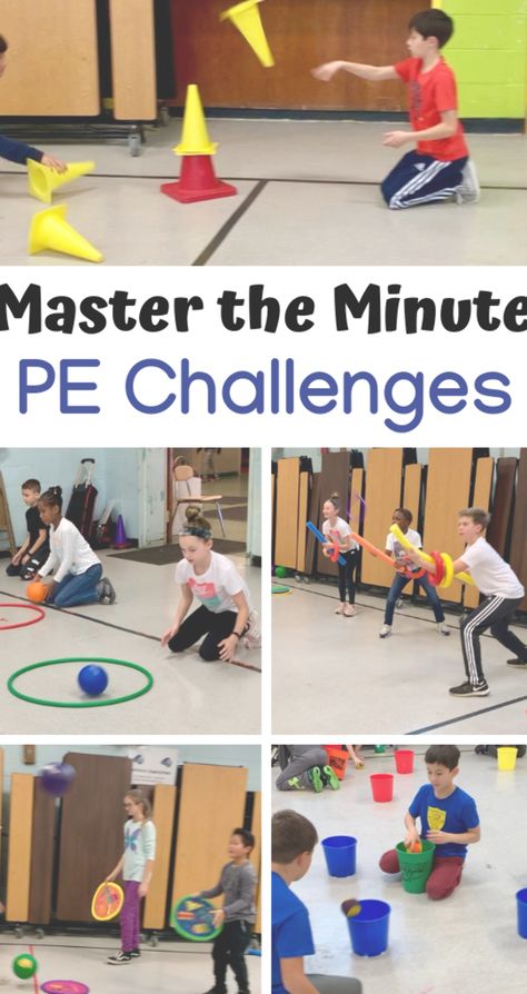 Minute to Win It Challenges - PE teacher Lindsay Karp shares these challenges that are fun, team orientated, and focused on a variety of  are great for any health, wellness, and fitness related units. #physed Gym Class For Homeschool, Tossing Games For Kids, Phy Ed Games For Kindergarten, Pe Station Ideas, Adaptive Pe Activities Wheelchair, Pe Group Games, Indoor Pe Activities For Kids, Fun Active Games For Kids, Fun Gym Games For Kids