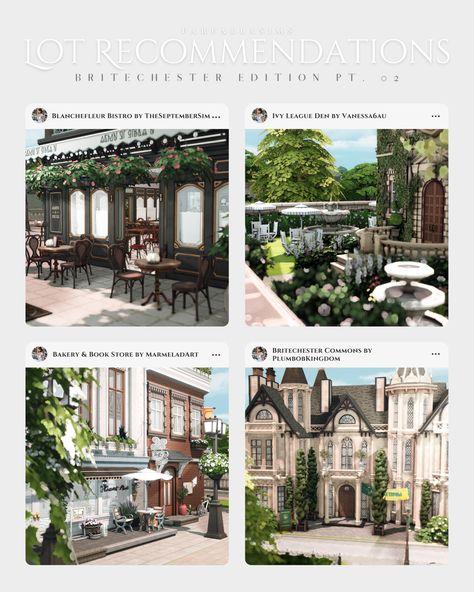 (48) Lot Recommendations | Britechester Edition, Pt. 02 📓 01. Blanchefleur Bistro by TheSeptemberSim (20x20) | No CC 02. Ivy League... – @farfallasims on Tumblr Sims 4 Brichester, Sims 4 Oasis Springs Community Lot, Foxbury Commons Sims 4, Britechester Sims 4, Sims 4 Family House Cc, Sims 4 Britechester, Sims 4 Family House, Ts4 Lots, Sims4 Build