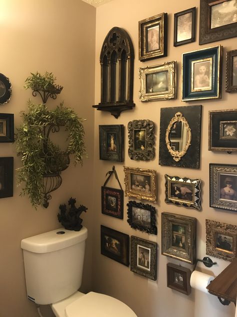 Gothic Bathroom Ideas, Goth Bathroom, Bathroom Gallery Wall, Gothic Bathroom, Bathroom Gallery, Powder Room Decor, Victorian Bathroom, Gallery Wall Inspiration, Bathroom Wall Decor