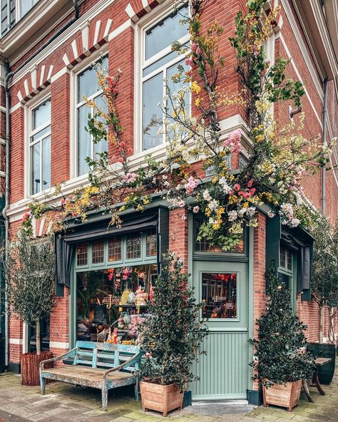 Jasmijn Bloembinders Haarlem @themorningstories fantastic floral shopfront @jasmijn_bloembinders and loving the vintage painted bench to rest a while - and don't forget to use our new hashtag #localshopfronts to share #shoplocal love #shopfront #flowershop #sharingtheworldsbestshops Painted Benches, Victoria Magazine, Building Front, Coffee Shop Aesthetic, Retail Inspiration, Shop Fronts, Shop Front, Floral Shop, 3d Modelling