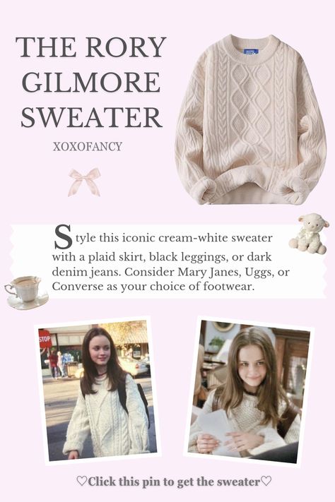 The rory gilmore sweater. Style this iconic cream-white sweater with a plaid skirt, black leggings, or dark denim jeans. Consider mary janes, uggs or converse as your choice of footwear. Rory Sweater, Rory Gilmore Sweater, Gilmore Sweater, Gilmore Rory, Gilmore Girls Rory, Aesthetic Downtown Girl, Oversized Knitted Sweater, Aesthetic Downtown, Aesthetic Sweaters