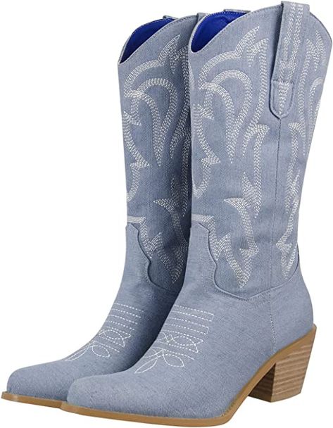 perfect costal cowgirl boots 💙 #summer2023 #costalcowgirl #aesthetic #babyblue #cowgirlboots #trendy #affordable #amazonfinds Blue Cowgirl Boots, Cowgirl Boots For Women, Western Canvas, Formal Heels, Boot Pulls, Cowgirl Cowboy, Denim Boots, Pu Heels, Wide Calf Boots