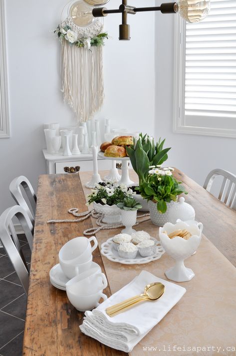 Repurposed Storage, Milk Glass Centerpiece, Milk Glass Decor, Spring Tea Party, Ivy Cottage, Thrifted Home, Milk Glass Collection, Pretty Tea Cups, Spring Tea