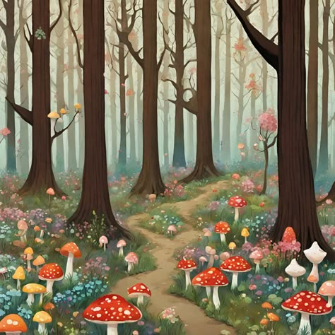 Enchanted Forest Cartoon, Fairy Forest Drawing, Fairy Village Drawing, Beyond The Border Art, Magical Forest Illustration, Painting Gnomes, Painting Mushrooms, Comforting Art, Nursery Art Ideas