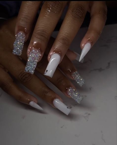 Pixie crystal nails with a nail piercing and a stiletto nail Pixie Acrylic Nails, Nail Ideas Crystals, Pixie Diamond Nails, Pixie Beads Nails, Birthday Nails White Glitter, Pixies Nails, Pixie Crystal Nail Designs, White Nails With Crystals, White Crystal Nails