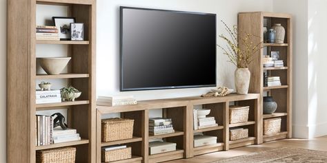 Dillon Large Tv Wall Ideas Living Room, Double Bookcase, Shelves Around Tv, Tv Entertainment Centers, Basement Living, Low Bookcase, Living Room Entertainment Center, Living Room Entertainment, Entertainment Center Decor