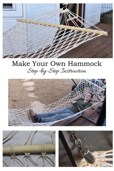 Learn how to make a hammock. Full size! Using macrame cord and wooden closet rods, here are step by step instructions on how to make a hammock. This is a free hammock pattern! Macrame Hammock Chair Pattern, Hammock Chair Stand Diy, Macrame Hammock Pattern, Homemade Hammock, Hammock Pattern, Diy Hammock Chair, Crochet Hammock, Macrame Hammock Chair, Hammock Chair Stand