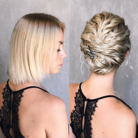 Bob Length Hair, Shoulder Length Updo, Black Braided Updo, Short Hair Updos, Neck Length Hair, Bob Length, Updos For Short Hair, Medium Length Updo, Ombre Braid