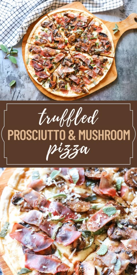 Truffle Pizza Mushroom, Truffle Mushroom Pizza Recipe, Truffle Oil Pizza Recipes, White Truffle Pizza, Mushroom Prosciutto Pizza, Truffle Pizza Recipe, Fancy Pizza Recipes, Truffle Oil Pizza, Gourmet Pizza Toppings