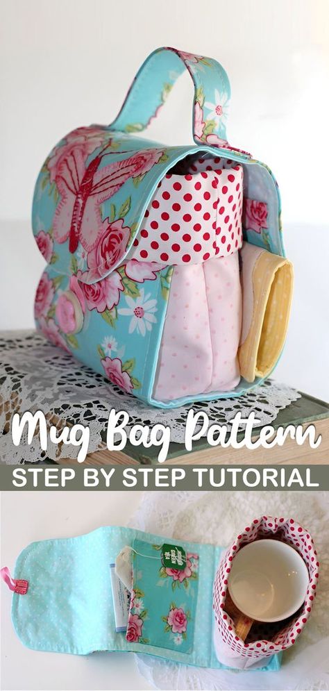 Mug Carrier Pattern, Free Small Sewing Patterns, Mug Bag Tutorial Free Pattern, Mother’s Day Sewing Gift, Pattern For Small Bag, Stuff To Sew And Sell, Tea Wallet Pattern Free Sewing, Mug Bags, Tea Bag Holder Diy Free Pattern