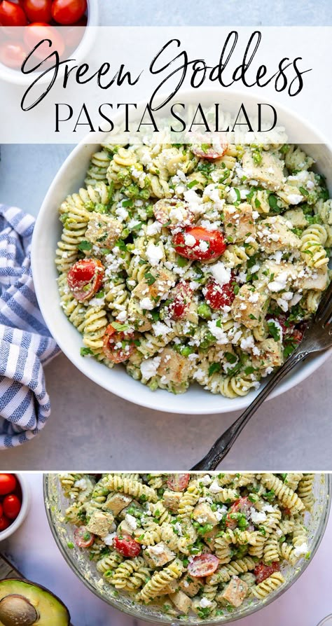 Green Goddess Pasta Salad, Green Goddess Pasta, Grilled Chicken Pasta Salad, Chicken Breast Pasta, Juicy Grilled Chicken, Feta Pasta Salad, Salad With Grilled Chicken, Avocado Pasta Salad, Green Pasta