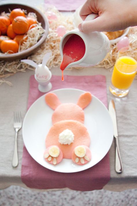 Pink Bunny Pancakes with Strawberry Glaze Bunny Brunch, Pink Pancake, Bunny Pancakes, Easter Egg Garland, Bunny Cake, Easter Inspiration, Easter Dinner, Easter Brunch, Hoppy Easter