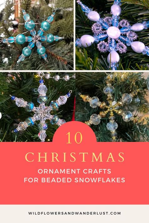 Add some sparkle to your holiday decor with these DIY beaded snowflakes! Our tutorials include step-by-step instructions and patterns for creating a variety beautiful snowflakes using wire forms and beads. You can customize them to match .your decor and they'll make great gifts as well! WildflowersAndWanderlust.com Beaded Holiday Ornaments, Bead Snowflakes, Snowflake Ornaments Diy, Christmas Beads Craft, Christmas Chaos, Beaded Ornaments Diy, Handmade Bracelets Tutorial, Beaded Snowflakes Ornament, Snowflakes Ornaments