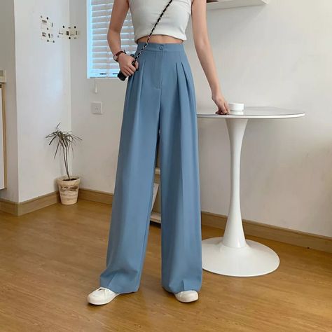 Blue Pants Outfit Work, Blue Pants Outfit, Pants Outfit Work, Wide Leg Pants Outfit, Outfit Korean, Women Bottoms, Loose Trousers, Loose Pants, Blue Pants